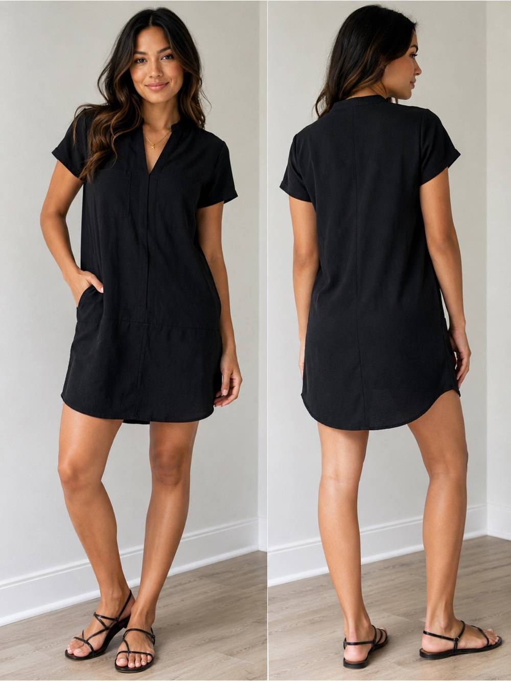 All in Favor Black Shift Shirt Dress Split Neck Pocket Dress Size Small